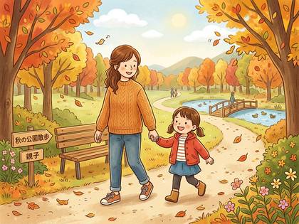 秋の紅葉公園を、笑顔の親子が手をつなぎ散歩するイラスト。
