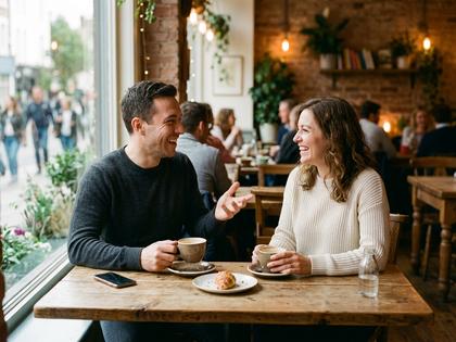 カフェで楽しそうに会話する男女