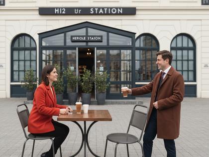 駅前のカフェで初対面の挨拶をする男女