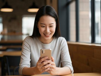 カフェでスマートフォンを見て微笑む20代女性