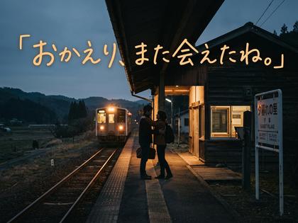 田舎の駅前で待ち合わせをするカップルのシルエット