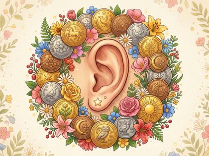 耳の周りを花とコインが囲む、華やかなイラスト。