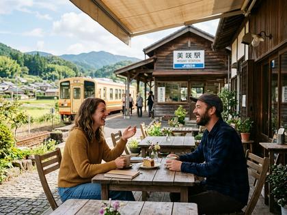 地方の駅前のカフェで笑顔で会話する男女