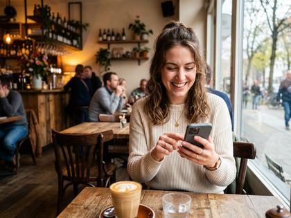 カフェでスマホを見ながら笑顔の女性のイメージ
