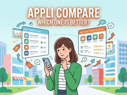 スマホを片手に2つのアプリを見比べる女性のイラスト