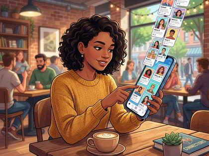 スマホで多くのプロフィールを眺めている女性