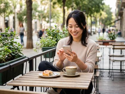 カフェでスマホを見ながら微笑む30代女性のイメージ