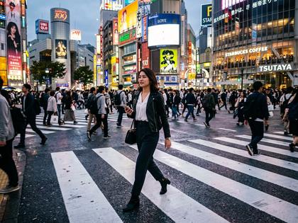 渋谷スクランブル交差点を歩くおしゃれな女性のイメージ