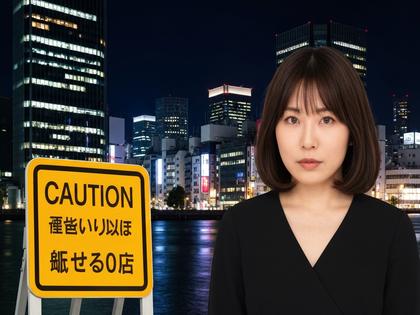 注意喚起の標識と渋谷の夜景を背景にした女性のイメージ
