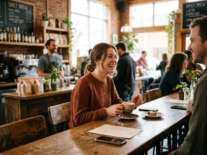 カフェのカウンター席で笑顔で会話する女性のイメージ