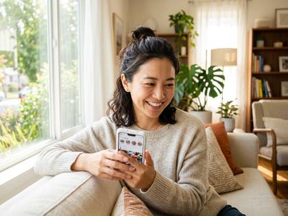 自宅のソファで笑顔でスマホを見る女性。