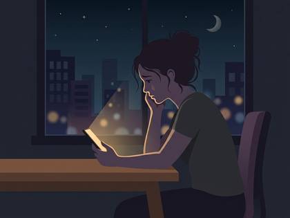 夜、スマートフォンを見つめ涙を流す女性のイラスト。