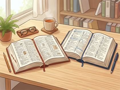 机に開いた本が2冊、観葉植物、飲み物。勉強や読書の穏やかな風景。