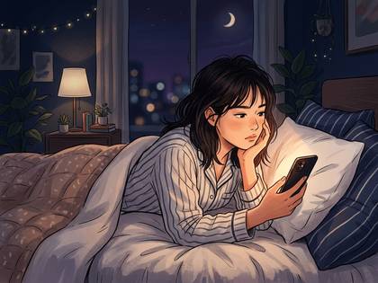 夜のベッドでスマホを見つめるパジャマ姿の女性。