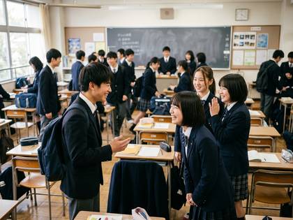 高校の教室で、制服姿の生徒たちが笑顔で談笑中。
