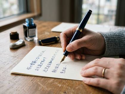 万年筆で日本語の文字を書く手元。インク瓶も見える。