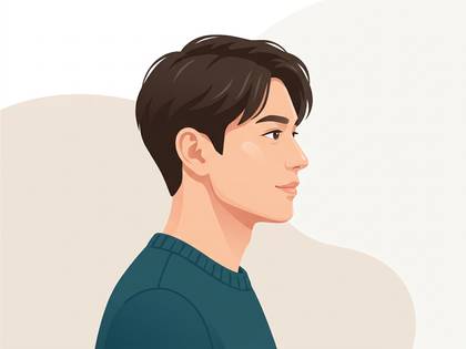 右を向く男性の横顔イラスト。穏やかな表情で、黒髪と緑のセーター。