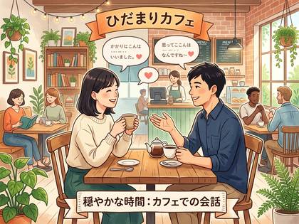 ひだまりカフェで、笑顔の男女がコーヒー片手に会話を楽しむ。