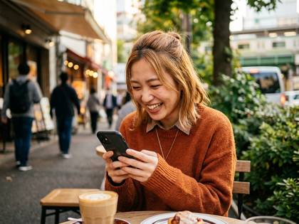 屋外カフェでスマホを見て楽しそうに笑う女性。