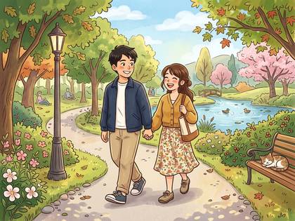 笑顔で手を取り合い公園を散歩する若いカップル。池にはアヒル、ベンチには猫もいる穏やかな風景。