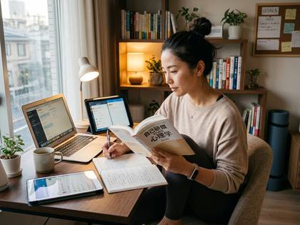 自宅の机で集中して本を読み、勉強する女性。