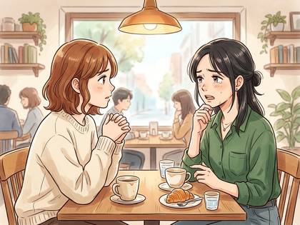 カフェで向かい合う2人の女性。左は不安げに手を組み、右は困惑して話している。
