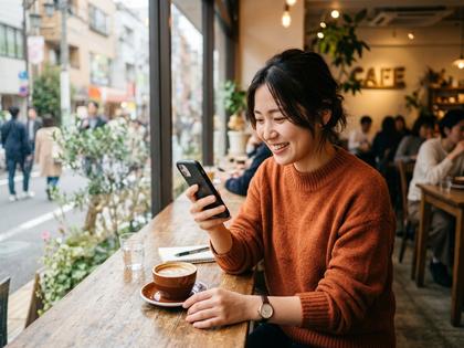 カフェでスマホを片手にメッセージを返している女性のイメージ