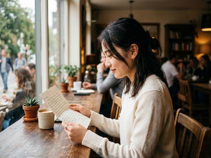 窓際のカフェで手紙を読むアジア人女性。