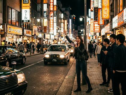 夜の歌舞伎町の通りと注意を促す女性のイメージ