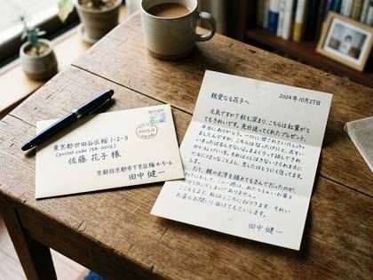 木製テーブルに手書きの手紙と封筒、ペン。