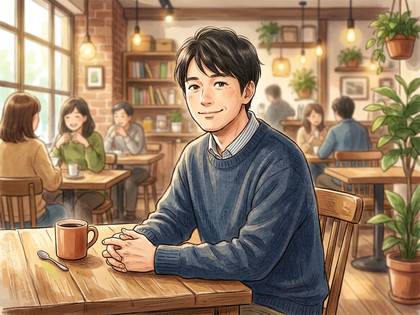 温かい雰囲気のカフェで、テーブル越しに微笑む若い男性。