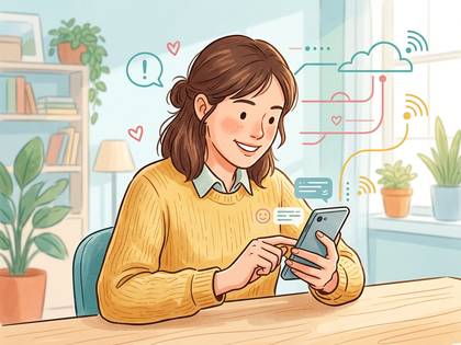 スマホでオンラインコミュニケーションを楽しむ女性のイラスト。