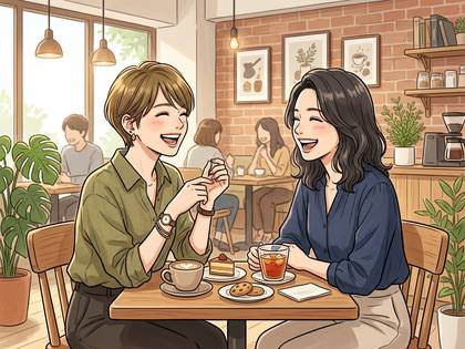 カフェで向かい合って笑顔で語り合う2人の女性。