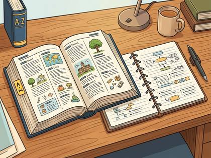辞書とノートが広がる木製デスク。コーヒーカップやランプ、本が置かれた勉強風景。