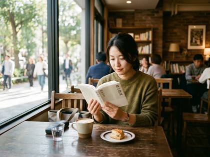 窓際のカフェで、コーヒーとスコーンを楽しみながら本を読む女性。