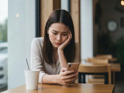 カフェでスマホを見ながら落ち込む20代女性のイメージ