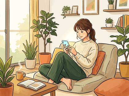 観葉植物と本に囲まれ、ソファでスマホを操作する女性のイラスト。