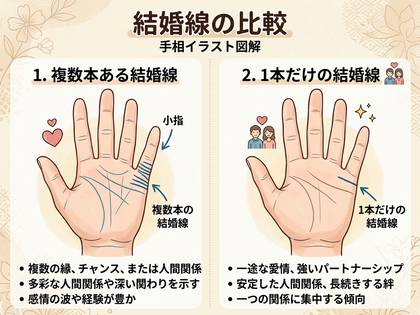 結婚線の比較図。複数ある線と1本だけの線の意味を手相イラストで解説。