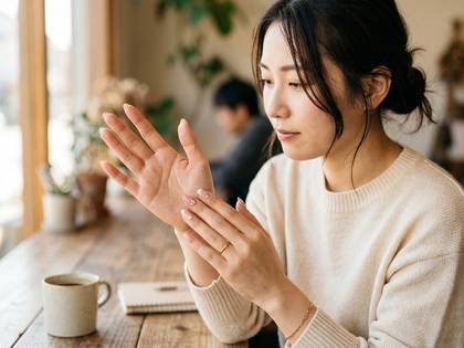 カフェで手元の指輪とネイルを眺める女性。