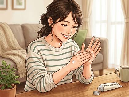 自宅で笑顔の女性がハンドクリームを塗っている様子。