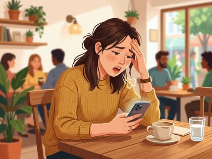 カフェでスマホを見て困惑する女性。