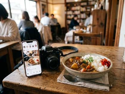 カフェの木製テーブルに、カレーライスと撮影中のスマホ・カメラ。