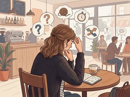 カフェで女性が頭を抱え、疑問や選択肢など様々な考え事をしている様子。