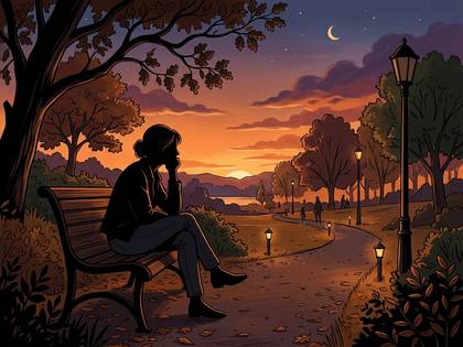 夕焼け空の下、公園のベンチで静かに物思いにふける女性のイラスト。