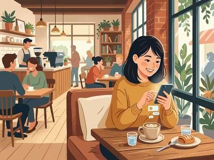 カフェの店内。笑顔でスマホを操作する女性と、談笑する客たち。