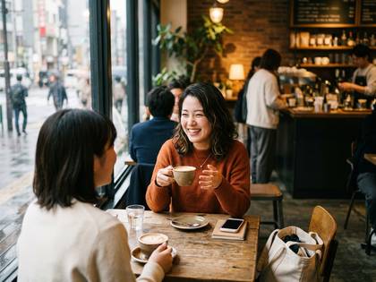カフェでコーヒーを片手に笑顔で会話する2人の女性。