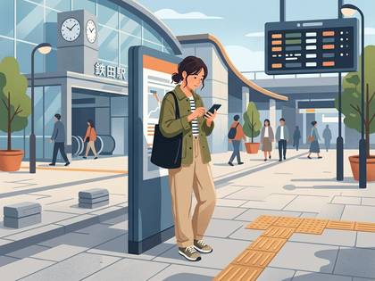 駅前でスマートフォンを見る女性のイラスト。