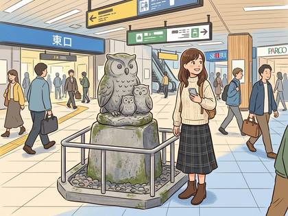 駅構内、フクロウの親子の石像と笑顔でスマホを持つ女性、行き交う人々。