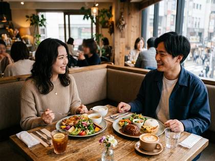 カフェで笑顔で向かい合い、食事を楽しむ男女。