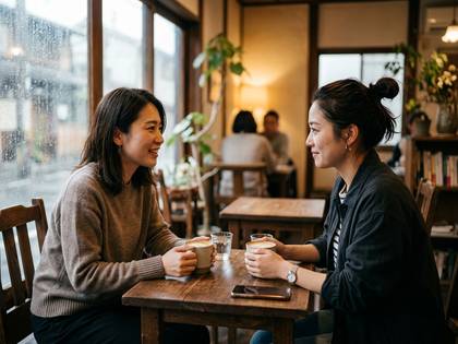 カフェで向かい合い、温かい飲み物を片手に笑顔で会話する2人の女性。